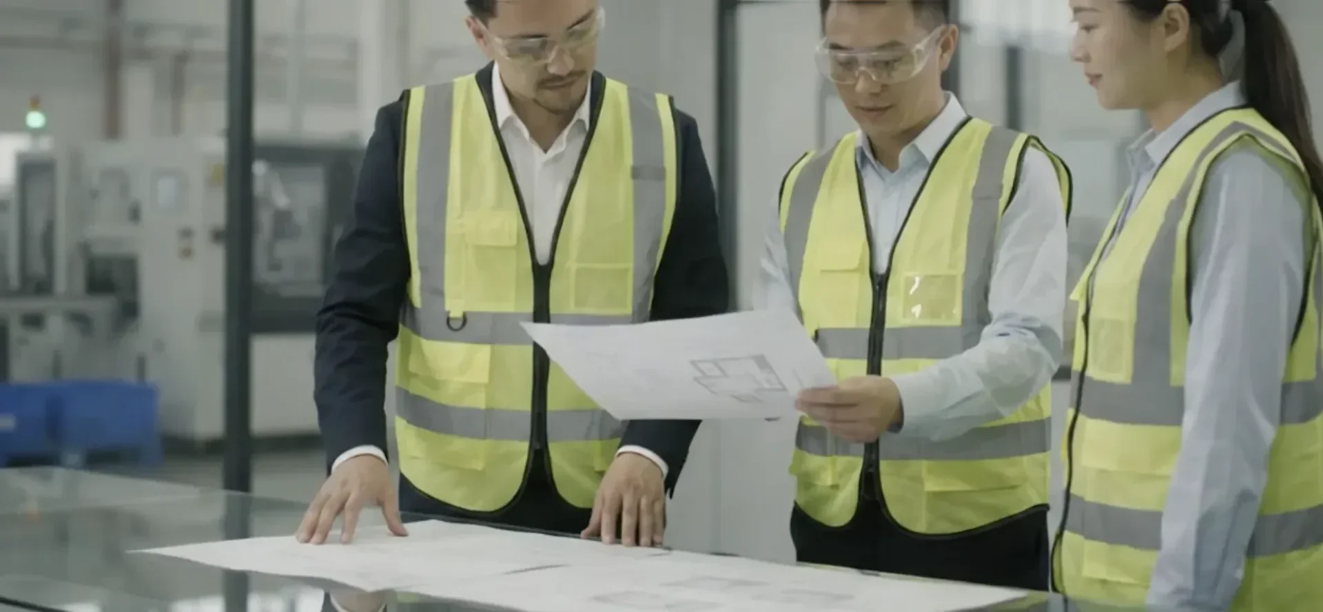 Three colleagues in high-visibility vests reviewing drawings on a factory floor