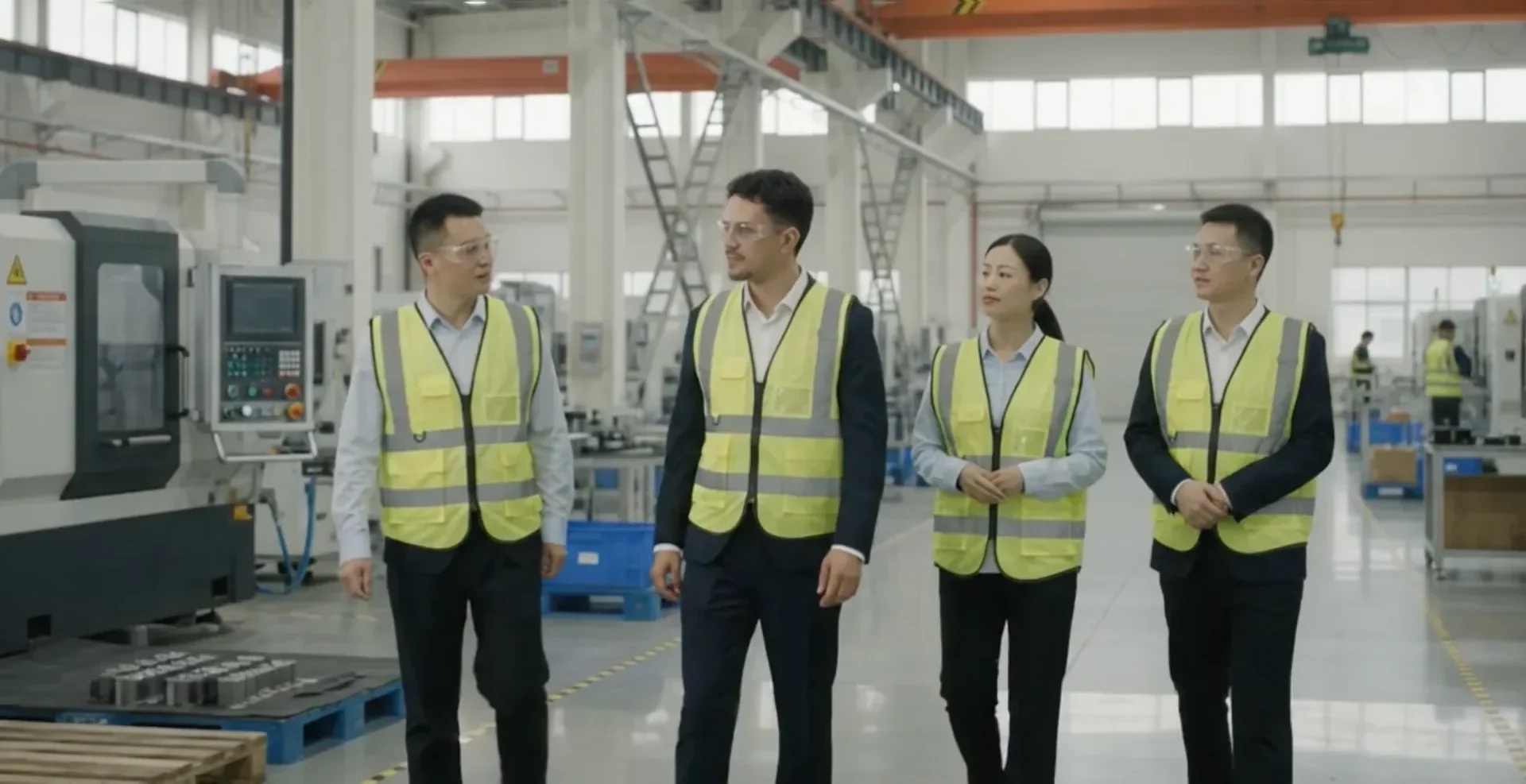 A team walking a machining hall during a factory visit