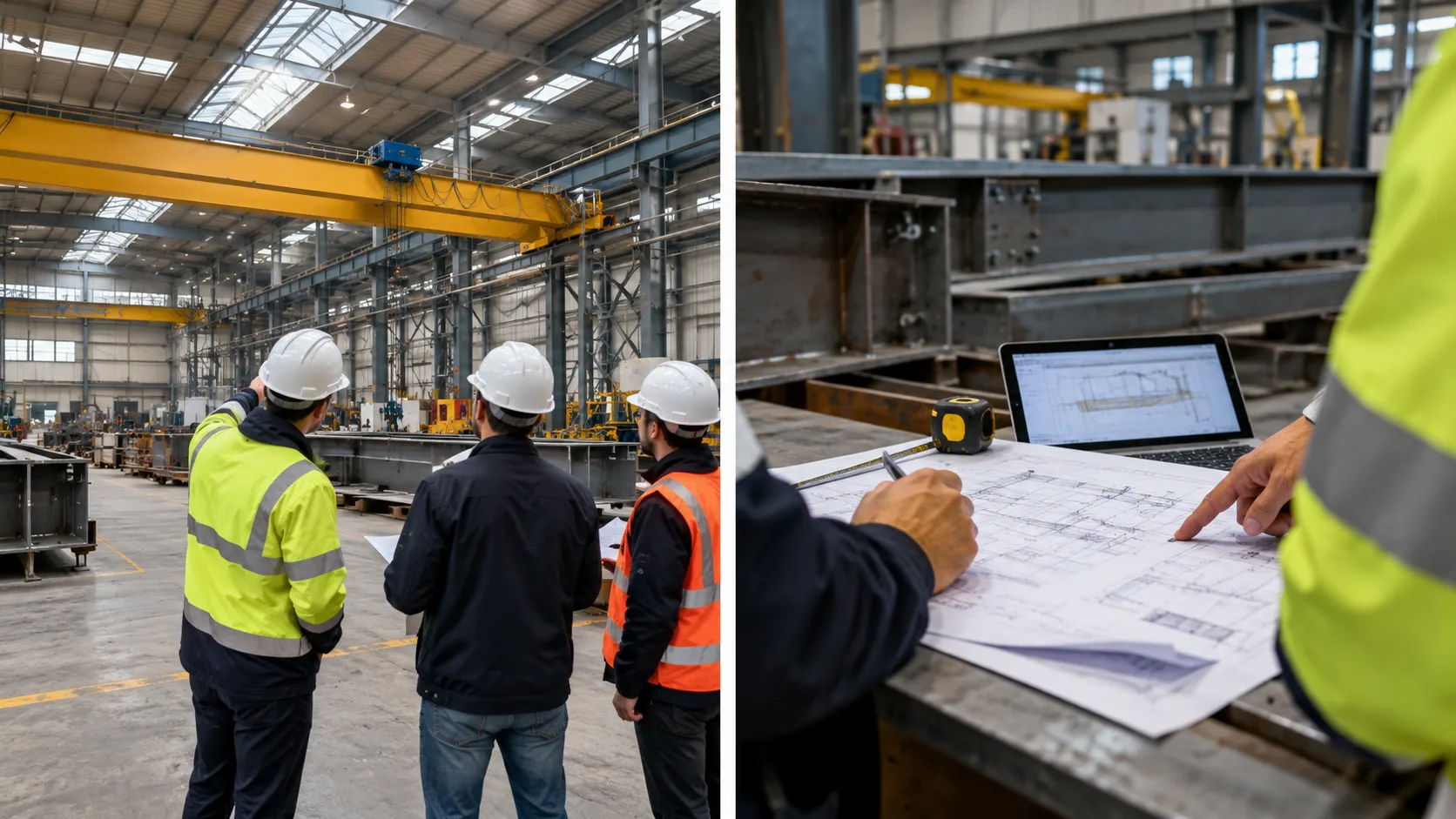 On-site industrial assessment: workshop visit under an overhead crane and blueprint review with technical drawings